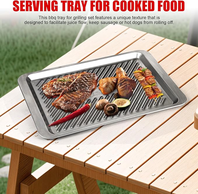 Grilling Prep and Serve Trays, Set of 3 Stackable Stainless Steel BBQ Trays with Cutting Board, Deep Marinating Container, Serving Platter for Plating Food, BBQ Prep Tub for Marinating Meats