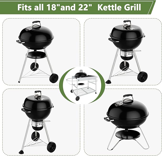 Shintenchi Grill Table for Weber 22" & 18" Original Kettle, Outdor Grill Cart with Wheels, Movable Outdoor Prep Table Cooking Station for JumboJoe Master-Touch Charcoal Grill