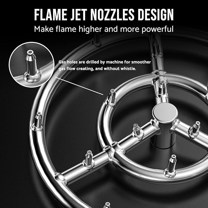 Skyflame 12-Inch Round Stainless Steel Fire Pit Jet Burner Ring | High Flame, 304 Stainless Steel, 90000 BTU, Flame Jet Nozzles, for Natural Gas, Liquid Propane
