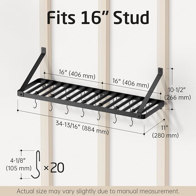 KES 75 lb High-Capacity Pot Rack Wall Mounted with Pot Lid Holder 34 Inch | Heavy Duty Pots and Pans Hanging Rack with 3X Thick One-Piece Frame & 20 Hooks, Drilling Template Provided, Matte Black