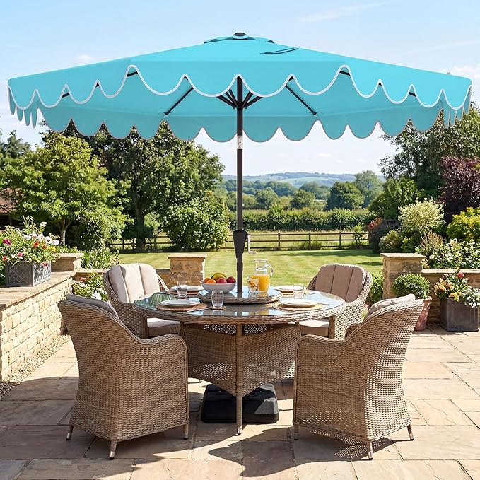 Tangkula 10 FT Patio Umbrella with Base Included, 2-Tiers Outdoor Scalloped Table Umbrella with 2 Sandbags, Tilt Adjustment, Crank, 8 Ribs for Market Backyard Pool Deck Beach Lawn