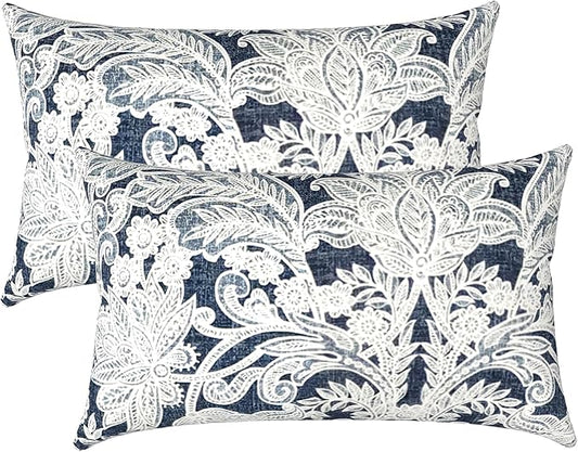 LVTXIII Outdoor Lumbar Pillow Covers Set of 2 Patio Decorative Pillow Cases, Water Repellent Lumbar Cushion Cases for Sofa, Patio Couch Garden Use, 12x20 Inch, Damask Lapis