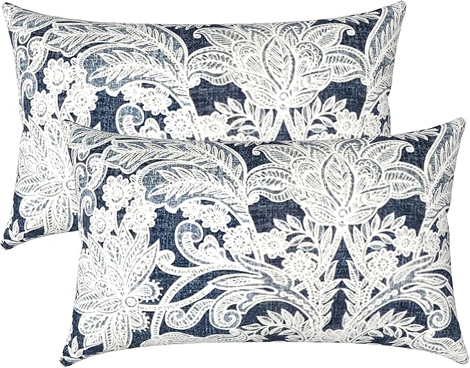 LVTXIII Set of 2 Patio Lumbar Pillows, 12" x 20" Fade Resistant Outdoor Lumbar Pillow with Inners, Fluffy Decorative Garden Lumbar Cushions for Home Patio Coach Sofa Use, Damask Lapis