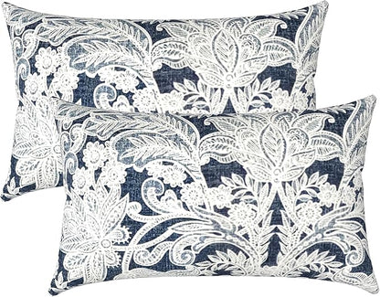 LVTXIII Set of 2 Patio Lumbar Pillows, 12" x 20" Fade Resistant Outdoor Lumbar Pillow with Inners, Fluffy Decorative Garden Lumbar Cushions for Home Patio Coach Sofa Use, Damask Lapis