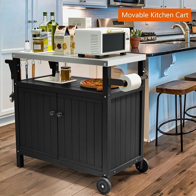 TORVA Portable Outdoor Grill Cart with Storage, Waterproof HDPE BBQ Prep Table for Patio & Backyard, 304 Stainless Steel Top, All-Weather Use, Camping Cart with Wheels, 42.12" L x 20.71" W, Black