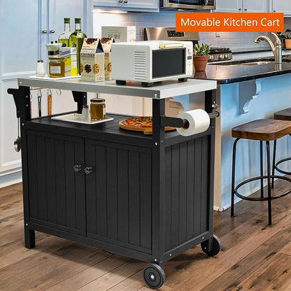 TORVA Portable Outdoor Grill Cart with Storage, Waterproof HDPE BBQ Prep Table for Patio & Backyard, 304 Stainless Steel Top, All-Weather Use, Camping Cart with Wheels, 42.12" L x 20.71" W, Black