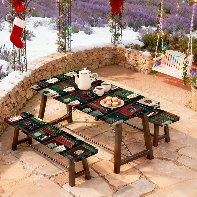 Christmas Picnic Table Cover with Bench Cover, Outdoor Picnic Table Elastic Tablecloth, Holiday Cat and Book Design, Camping, Barbecue and Winter Party Tablecloth