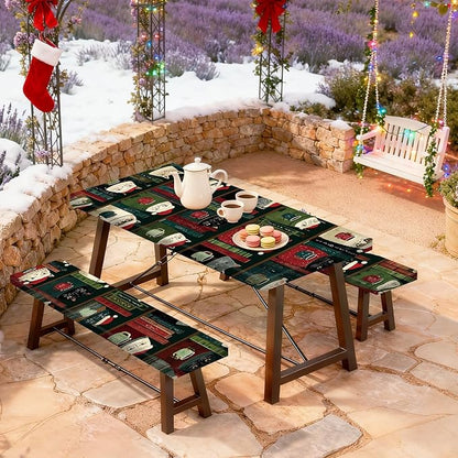 Christmas Picnic Table Cover with Bench Cover, Outdoor Picnic Table Elastic Tablecloth, Holiday Cat and Book Design, Camping, Barbecue and Winter Party Tablecloth