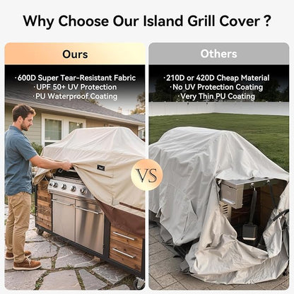 600D Heavy Duty Waterproof Extra Large Grill Cover, Fits for 86 Inch Island with Center Grill Head, Tear & Fade Resistant Outdoor Kitchen Cover with Buckle, Drawstring, Air Vent, Beige & Brown