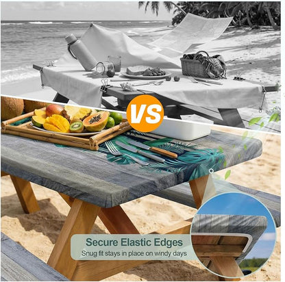 Picnic Table Cover Bench Covers Camping Essentials Tablecloth | Waterproof Vinyl for Outdoor, Windproof Elastic Fitted Edges, RV BBQ Accessories Must Haves, Storage Bag Included