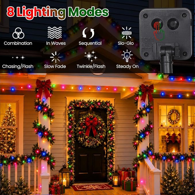 Solar Christmas Lights Outdoor Waterproof Solar Powered String Lights for Christmas Decorations, Total 100LED 45FT for Yard Pathway Garden Fence, 8 Modes 50LED x 2 Packs, Colorful