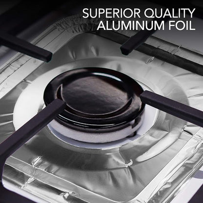 Disposable Gas Burner Liners (100 Pack) Aluminum Foil Square Gas Stove Burner Covers - 8.5 Inch Gas Range Protector, Stove Top Covers for Gas Burners, Foil Liners to Catch Oil, Grease, and Food Spills