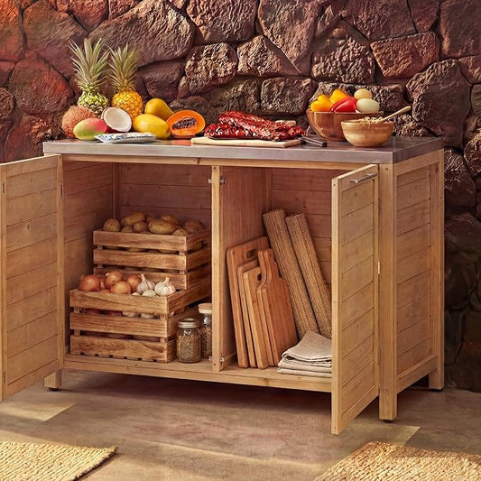 MOUMON Patio Kitchen Storage Cabinet with Stainless Steel Countertop, Solid Cedar Patio Prep Table for Grilling, Outdoor Cooking Station, Oak 51.2”W x 23.6”D x 37.4”H