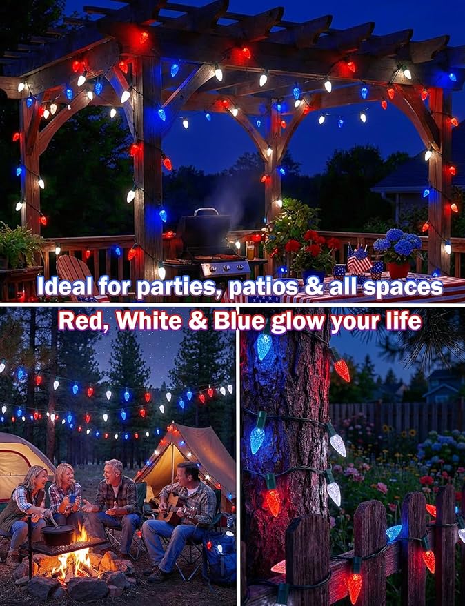 2 Pack C6 Strawberry String Lights, 50 LED Red White Blue Solar Powered Waterproof 8 Modes Outdoor Garden Patriotic Lights for 4th of July Decor