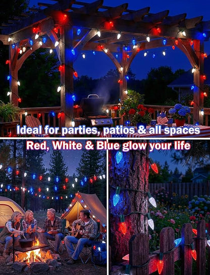 2 Pack C6 Strawberry String Lights, 50 LED Red White Blue Solar Powered Waterproof 8 Modes Outdoor Garden Patriotic Lights for 4th of July Decor