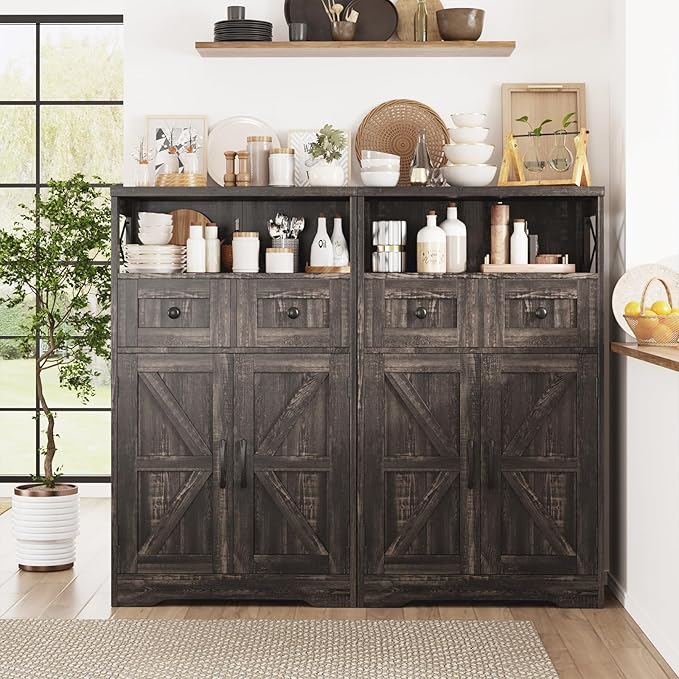 Befrases Farmhouse Storage Cabinet with Drawers and Shelf, Freestanding Kitchen Pantry Storage Cabinet, Floor Hutch Cupboard for Kitchen, Living Room, Home Office, Dark Rustic Oak