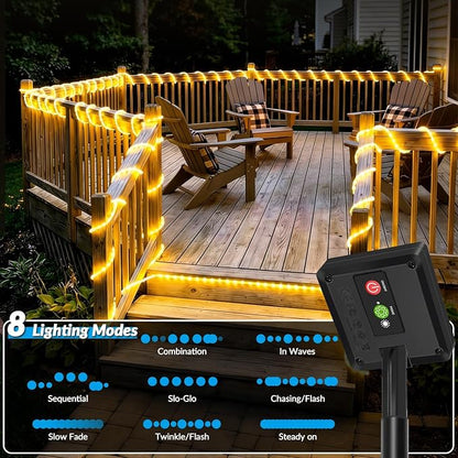 Solar Rope Lights, 33FT 100 LED Solar Fairy Lights with 8 Lighting Modes, IP65 Waterproof Strip Light Outdoor for Garden Yard Patio Deck Fence Tree Party Holiday Decoration, Warm White