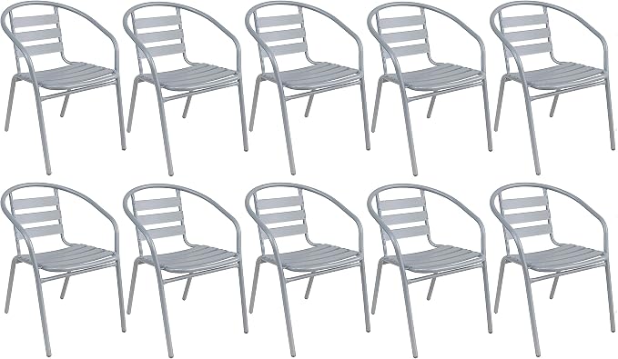 Indoor Outdoor Set of 10 Silver Gray Restaurant Metal Aluminum Slat Stack Chairs Lightweight