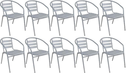 Indoor Outdoor Set of 10 Silver Gray Restaurant Metal Aluminum Slat Stack Chairs Lightweight