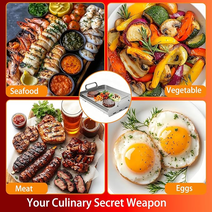 Universal Stainless Steel Griddle for Gas Grill and Gas Stove, 17” X 13” Flat Top Griddle With Handle for Weber, Nexgrill, Charbroils and Kenmore, Gas Griddle for Tailgating, Camping, and Party