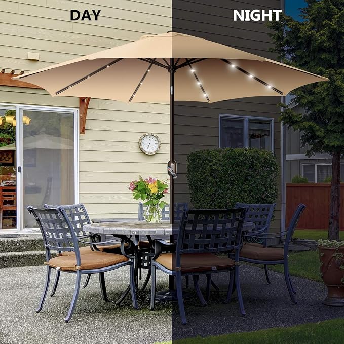 9ft Patio Umbrella with Solar Lights, Outdoor Umbrella with 24 LED Solar Umbrella Lights, Solar Patio Umbrella with Push Botton Tilt & Crank Ideal for Garden, Deck, Backyard & Pool, Brown