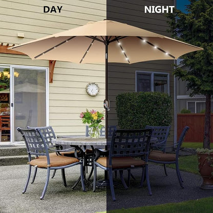 9ft Patio Umbrella with Solar Lights, Outdoor Umbrella with 24 LED Solar Umbrella Lights, Solar Patio Umbrella with Push Botton Tilt & Crank Ideal for Garden, Deck, Backyard & Pool, Brown