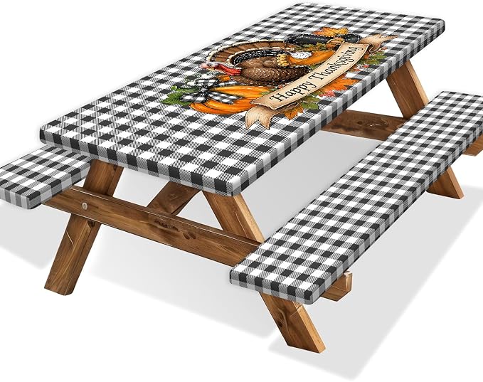 Thanksgiving Picnic Table Cover Set with Bench Covers, Buffalo Check Plaid Turkey Happy Thanksgiving Waterproof Elastic Fitted Outdoor Patio Camping Tablecloth