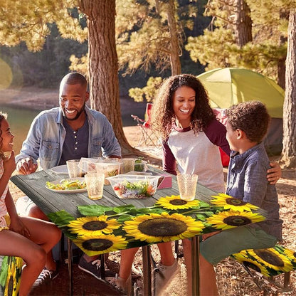 Yellow Sunflower Picnic Table Cover with Bench Covers, Vintage Wood Grain with Sunflower Print Elastic Polyester Backing Oblong Fitted Table Cloths, 72x28 In, for Outdoor/BBQ/Camping Use, 3 Pcs Set