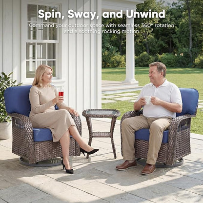 Belord Patio Wicker Swivel Rocker Patio Chairs with Ottoman, Outdoor Rattan Chairs for Deck Porch Poolside, 10 Piece Patio Conversation Furniture Set,Blue