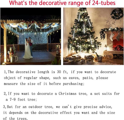 Kwaiffeo Christmas Lights Outdoor, 24 Tubes(Equivalent to 3 Sets of 8-Tubes) Meteor Shower Light Snow Falling Icicle Lights for Xmas Tree Halloween Decoration Wedding Party Window, UL Plug, White