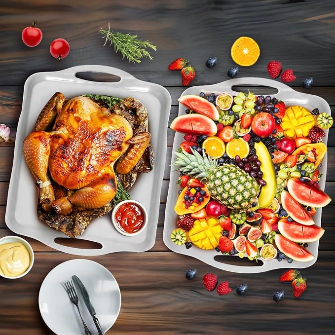 LEHAHA Large White Melamine Serving Tray with Handles,17.5 x 12 in Rectangular Melamine Serving Platter, Set of 2, Dishwasher Safe Trays for Eating, Appetizer, Charcuterie, Slicon Mats Included