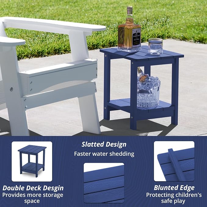 LUE BONA Outdoor Side Table, 2-Tier HDPS Small Patio Table, Navy | 2-Tier Shelf for Extra Storage, Small End Table for Pool, Porch, Balcony, Weather Resistant HDPS, Easy Clean