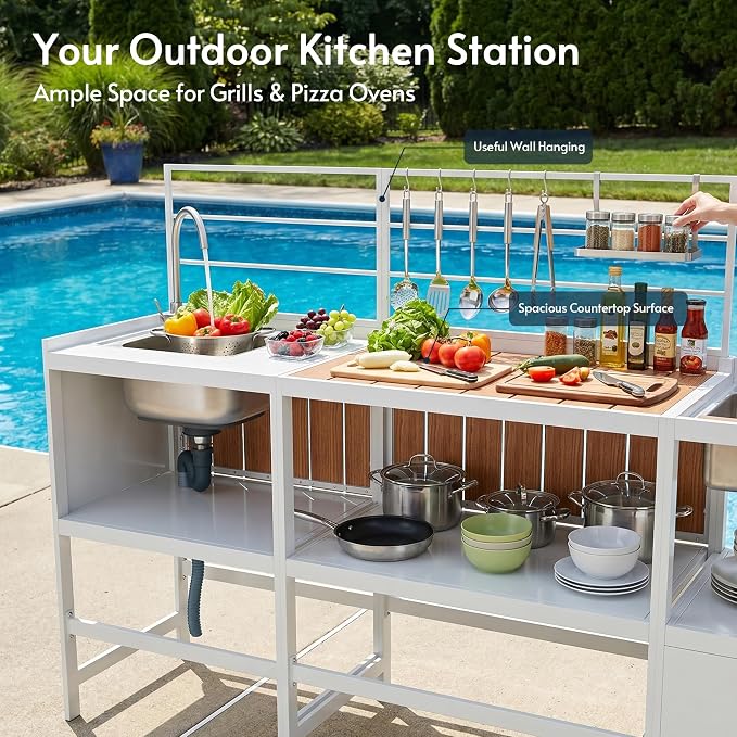 Modular Outdoor Kitchen Island with Sink, 4Pcs Aluminum Outdoor Kitchen Kit | Aluminum Frame, Weatherproof, Modular Grill Cart & Ice box, Large Countertop & Wall Hanging Design, For Patio BBQ, Party