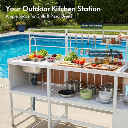 Modular Outdoor Kitchen Island with Sink, 4Pcs Aluminum Outdoor Kitchen Kit | Aluminum Frame, Weatherproof, Modular Grill Cart & Ice box, Large Countertop & Wall Hanging Design, For Patio BBQ, Party