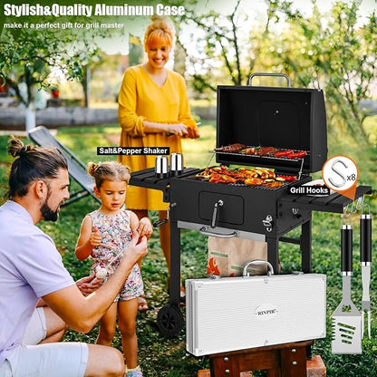RINPIR 35pcs Deluxe Grilling Gifts Set for Birthday Fathers Day, Stainless Steel BBQ Accessories Kit for Men Dad, Professional Grill Tools Utensils with Scissors, Meat Claws in Aluminum Case Black