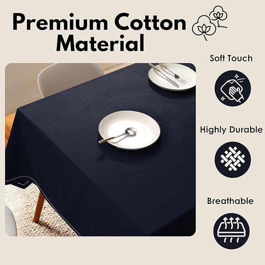 Rectangle Table Cloths 52 Inch x 70 Inch 100% Cotton Decorative Washable Rustic Tablecloth Cover for Gifts, Buffet, Dining, Kitchen & Camping - Navy
