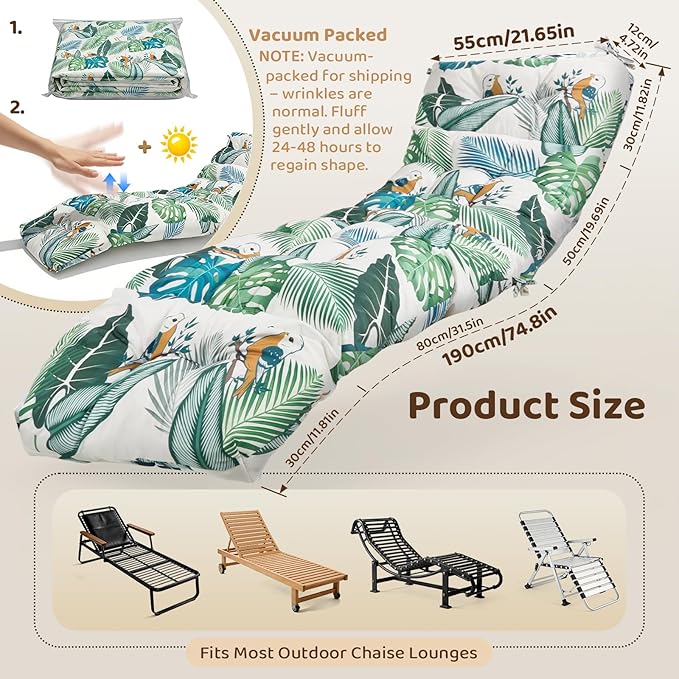 Waterproof Outdoor Chaise Lounge Chair Cushion 75.1 x 22 x 4.72 Inches UV Resistant Replacement Lounge Chair Cushions for Outdoor Furniture with Ties, Thickened Cotton Patio Pool Lounge Chair Cushions