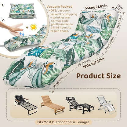 Waterproof Outdoor Chaise Lounge Chair Cushion 75.1 x 22 x 4.72 Inches UV Resistant Replacement Lounge Chair Cushions for Outdoor Furniture with Ties, Thickened Cotton Patio Pool Lounge Chair Cushions