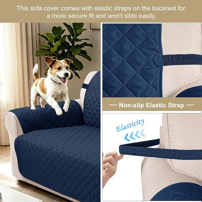 Reversible Loveseat Couch Sofa Covers, 2-Seater, Navy | Loveseat Covers for Dogs Water Repellent, Friendly Furniture Protector with Elastic Straps for Living Room