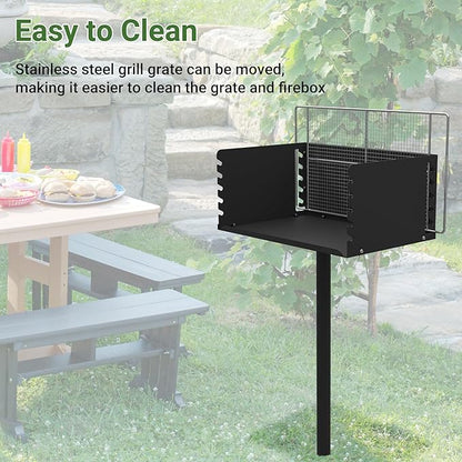 Park Grills, 384 Sq. In, Park Style Charcoal Grill, Heavy Duty In Ground Park Grill with Stainless Steel Cooking Grate and Cover for Commercial and Outdoor Cooking 25.5'' L x 17'' W x 11'' H