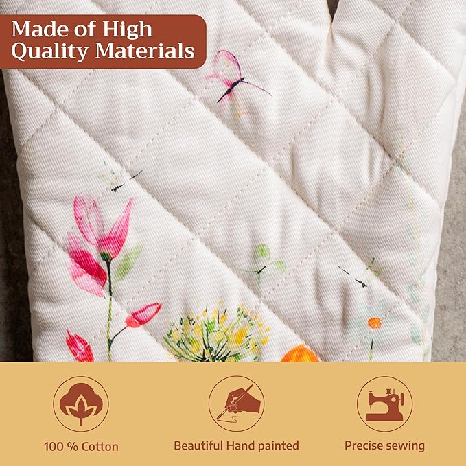 Maison d'Hermine Oven Gloves 100% Cotton Oven Mitt 7" x 13" with Loop Heat Resistant BBQ Cooking Gloves Baking Grilling Kitchen Hotel Home Farmhouse Spring Summer (Pack of 1, Botanical Fresh)