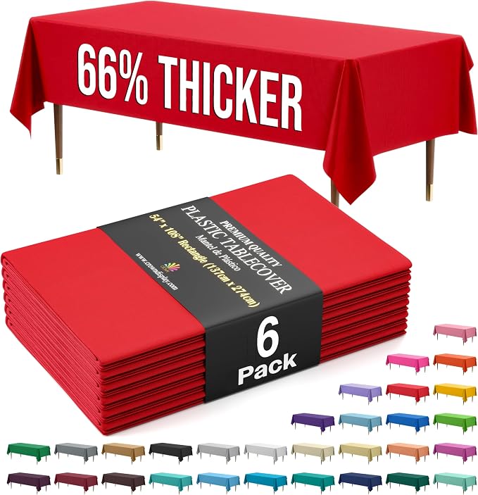 Exquisite Party Solids 66% Thicker Premium Plastic Table Cloth Rectangle Table Cover 0.5 Mil 6 Pack Red Table Cloth 54 Inch x 108 Inch Disposable Tablecloth Won't Tear Easily Like Cheap Thin Brands