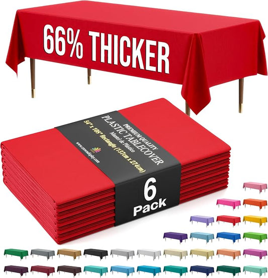 Exquisite Party Solids 66% Thicker Premium Plastic Table Cloth Rectangle Table Cover 0.5 Mil 6 Pack Red Table Cloth 54 Inch x 108 Inch Disposable Tablecloth Won't Tear Easily Like Cheap Thin Brands