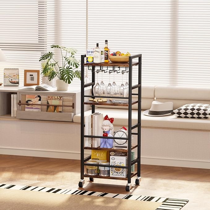 Homeiju Small Bar Cart, Home Bar Serving Cart with 4-Tier Shelf, Mobile Kitchen Shelf with Large Storage and Glass Holder, Mini Bar Cart for Small Spaces, Kitchen and Dining Room, Rustic Brown