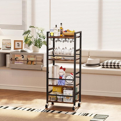 Homeiju Small Bar Cart, Home Bar Serving Cart with 4-Tier Shelf, Mobile Kitchen Shelf with Large Storage and Glass Holder, Mini Bar Cart for Small Spaces, Kitchen and Dining Room, Rustic Brown