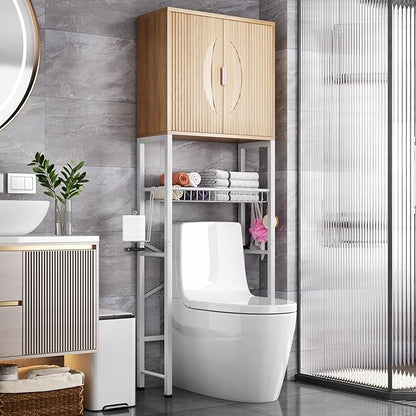 Kalrin Over The Toilet Storage Cabinet with Fluted Wave Doors and Adjustable Shelf, Wood Over Toilet Storage Rack with Drain Basket, Freestanding Bathroom Organizer for Balcony Laundry, Wood & White