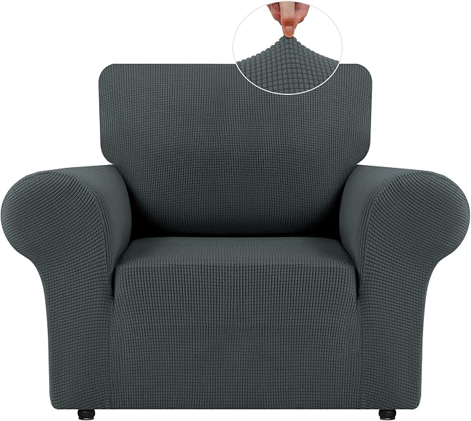 LURKA Stretch Chair Cover for Sofa, 1 Piece Armchair Slipcover, Grey | Soft Stretch Jacquard, Fits 31"-55" Armchairs, Elastic Bottom for Secure Fit, Machine Washable, Pet & Kid Friendly