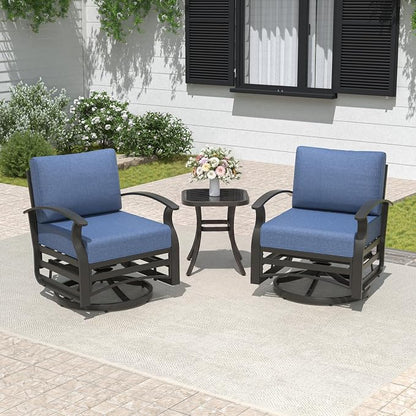 ALAULM 3 Piece Aluminum Outdoor Swivel Chairs High Back Metal Swivel Rocking Chairs with 5.1" Sponge Cushions &1 Coffee Table for Patio, Porch, Backyards, Garden(DarkBlue)