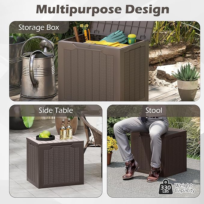 Giantex 25 Gallon Outdoor Storage Box, Patio Deck Box with Lockable Lid, Wicker-woven Texture, Waterproof Storage Bench for Pool Accessories, Garden Tools, Package Delivery, Patio Furniture (Brown)