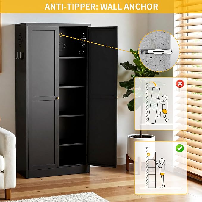 Metal Pantry Cabinet, 61" Kitchen Pantry Storage Cabinets with 2 Door and 4 Adjustable Shelves, Utility Metal Storage Cabinet for Home, Living Room, Pantry (Black)